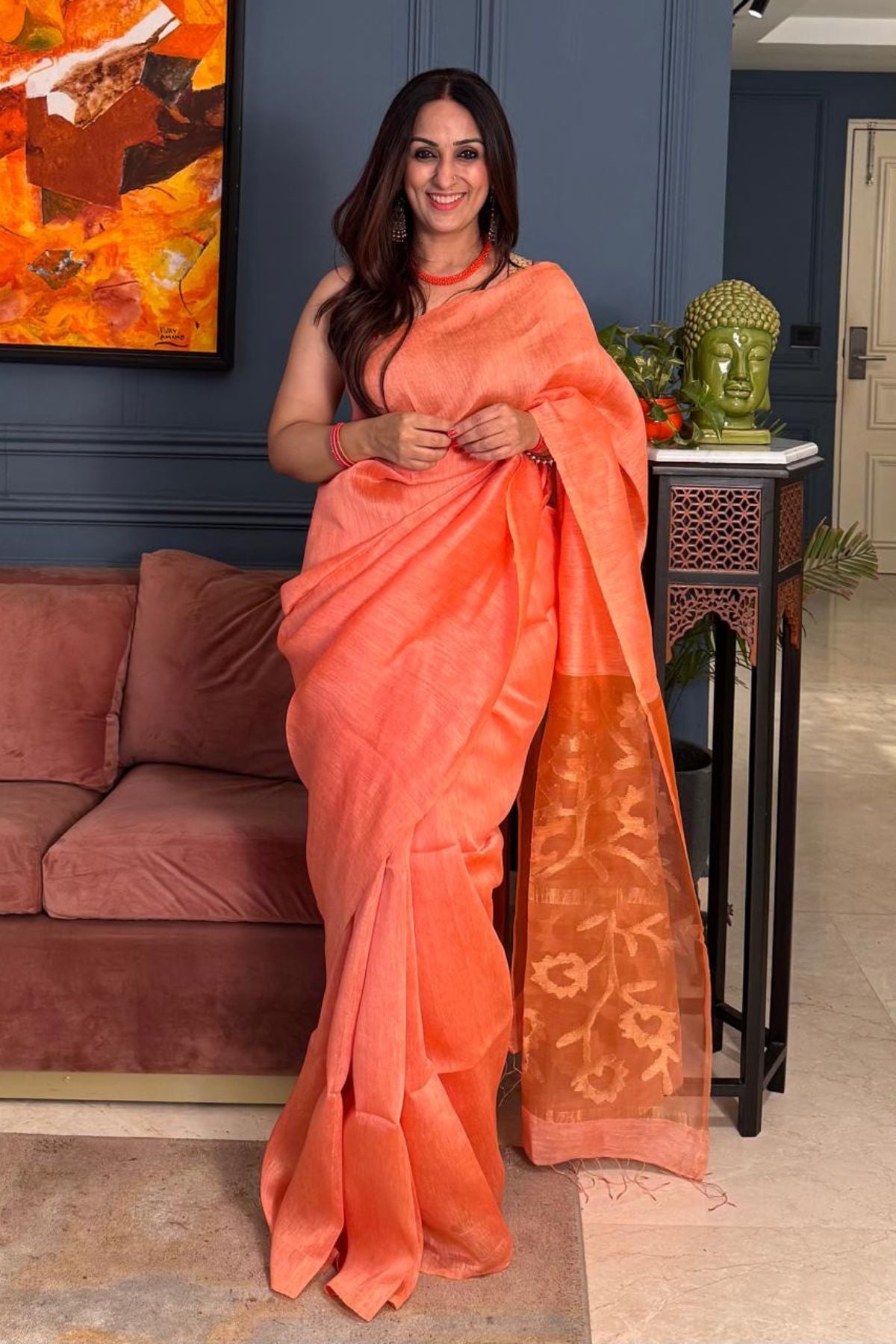 Handwoven Pure Silk linen saree with Jamdani weave